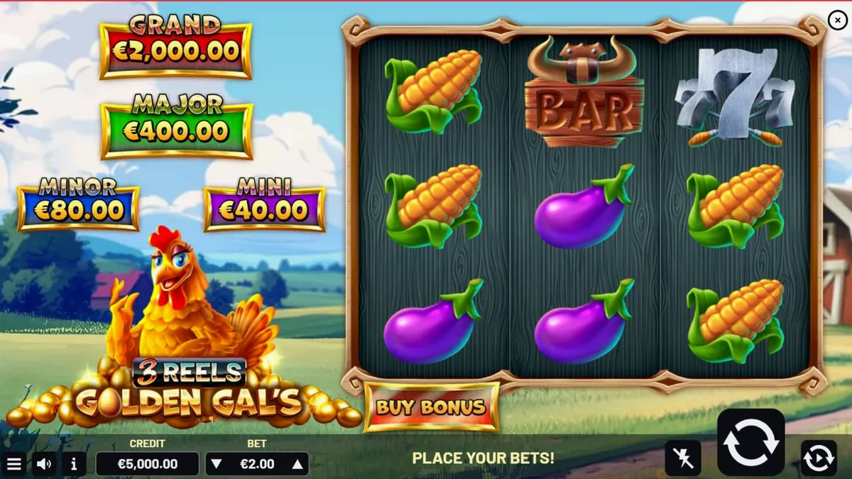 Tampilan visual slot Golden Gal’s 3 Reels dengan tema peternakan yang cerah