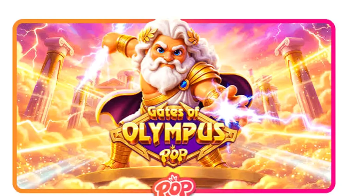 Tampilan visual slot Gates of Olympus POP dengan Zeus dan simbol permata